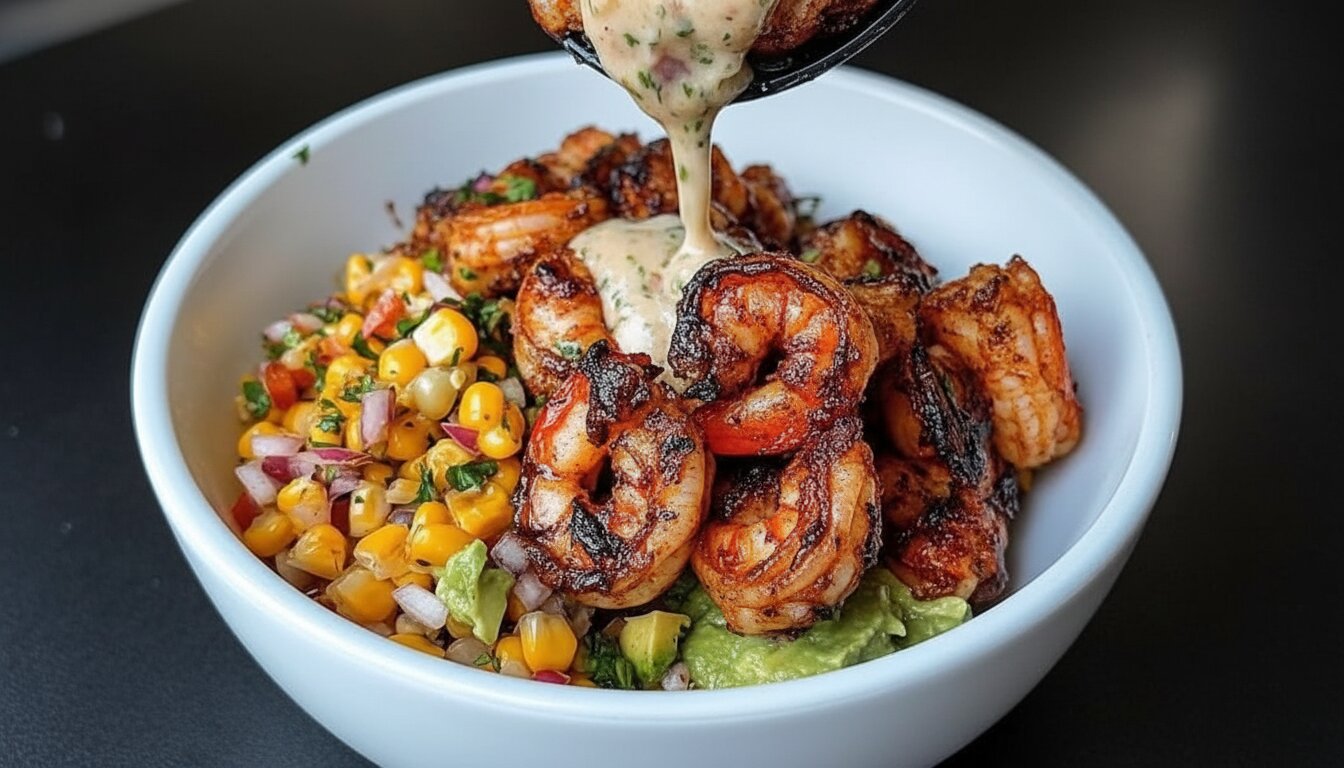 A healthy grilled shrimp avocado bowl with quinoa, corn salsa, and fresh Mediterranean vegetables.