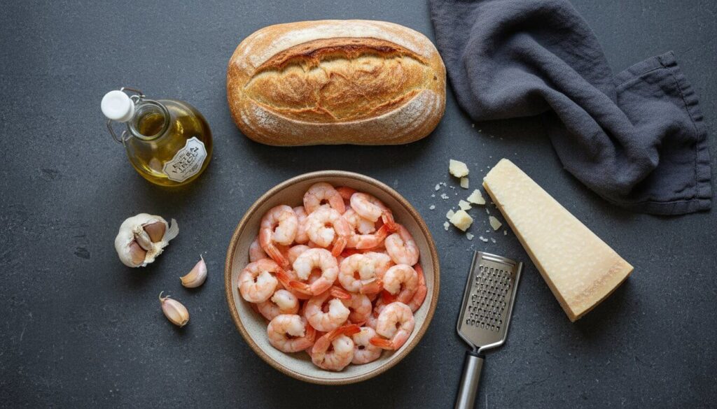 Ingredients for Mediterranean shrimp and cheese toast.