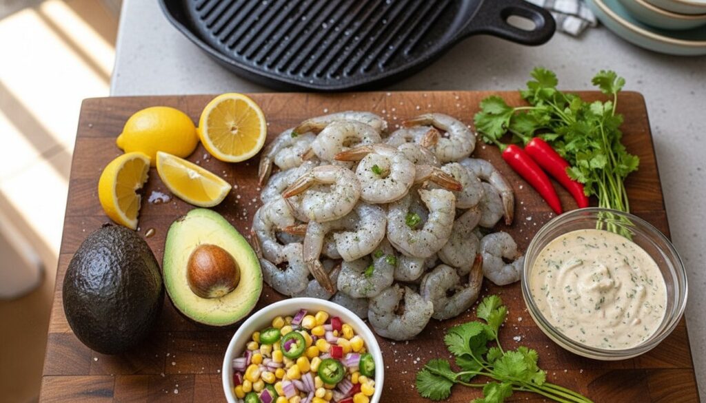 Raw ingredients for a grilled shrimp bowl recipe including avocado, lemon, and fresh shrimp.