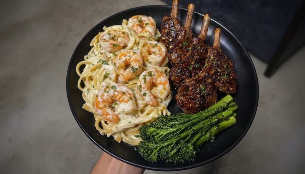 Plated balsamic lamb chops with shrimp fettuccine alfredo and roasted broccolini.