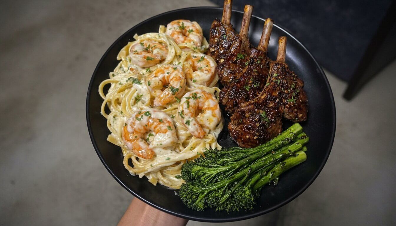 Plated balsamic lamb chops with shrimp fettuccine alfredo and roasted broccolini.