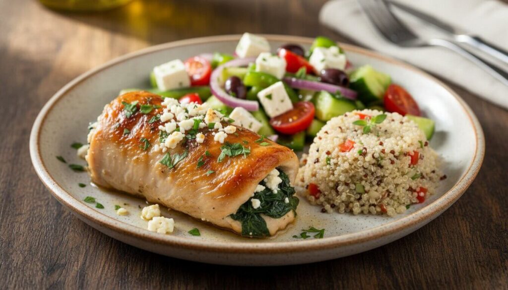 Healthy Mediterranean meal with spinach feta chicken and salad.