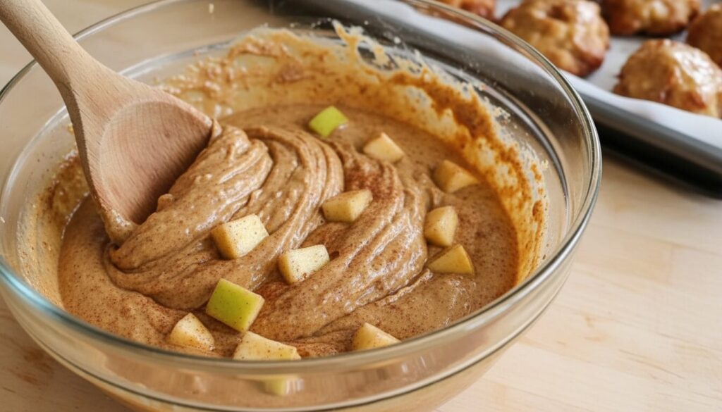 Folding diced apples into fritter batter.