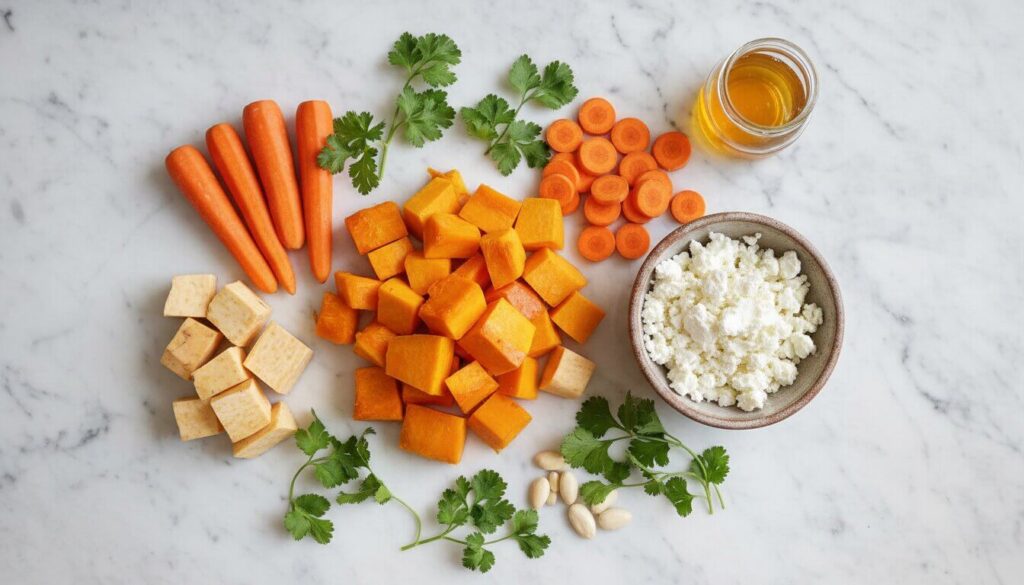 Raw ingredients for Mediterranean roasted vegetable casserole.