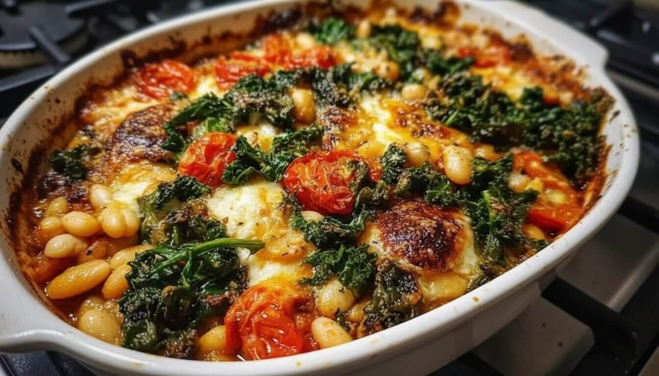 Close up of a cheesy Italian white bean and kale bake with cherry tomatoes.