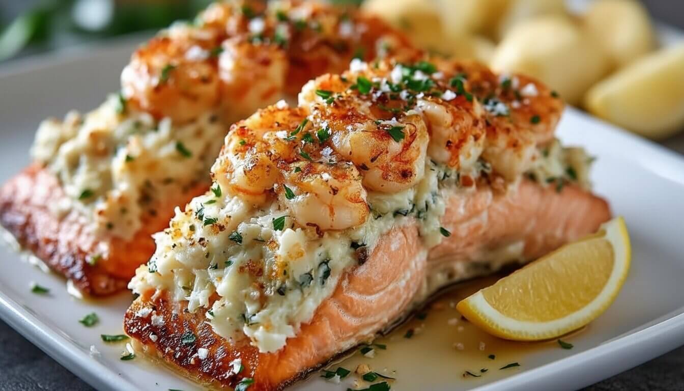 Close-up of Crab and Shrimp Stuffed Salmon fillets with creamy topping and lemon garnish.