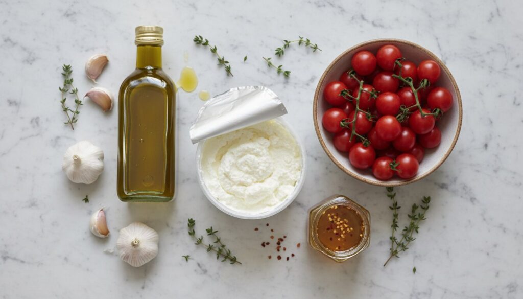 Ingredients for Hot Honey Tomato Ricotta Dip including honey, cheese, and tomatoes.