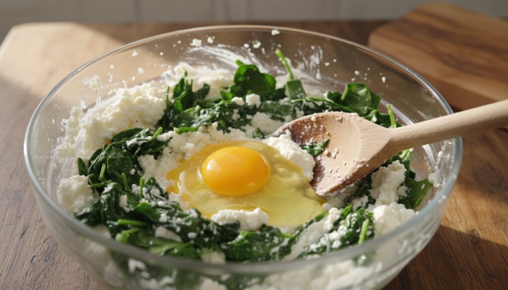 Mixing ricotta and spinach filling for cannelloni tubes.