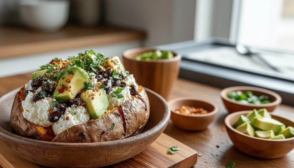 A loaded Mediterranean stuffed sweet potato with avocado, beans, and feta cheese.