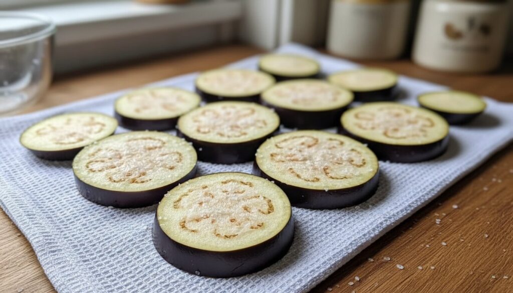 Sliced eggplant being salted to remove moisture.