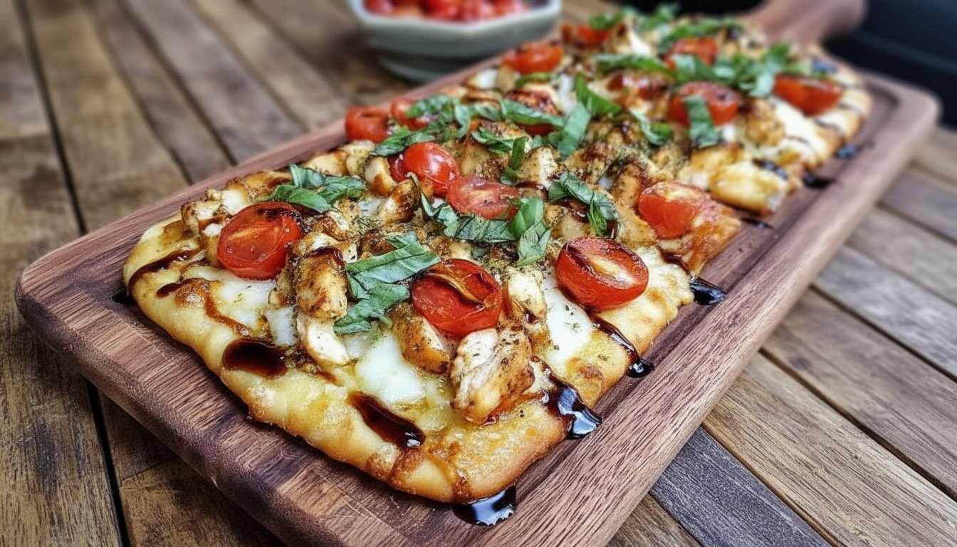 Fresh chicken caprese flatbread topped with melted mozzarella and balsamic glaze.