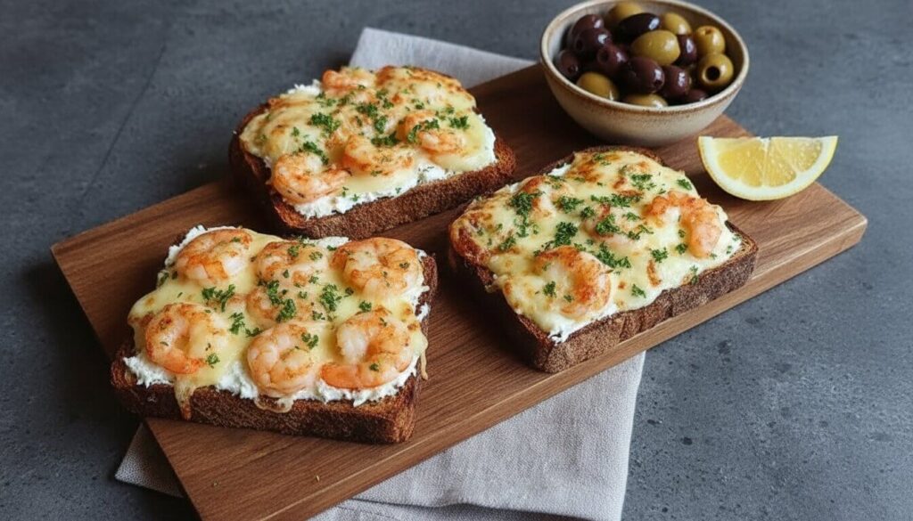 Mediterranean shrimp toast on rustic bread serving suggestion.