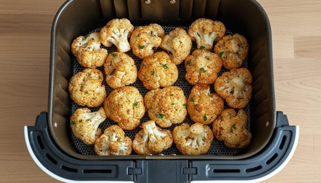 Seasoned cauliflower florets arranged in a single layer inside an air fryer basket.