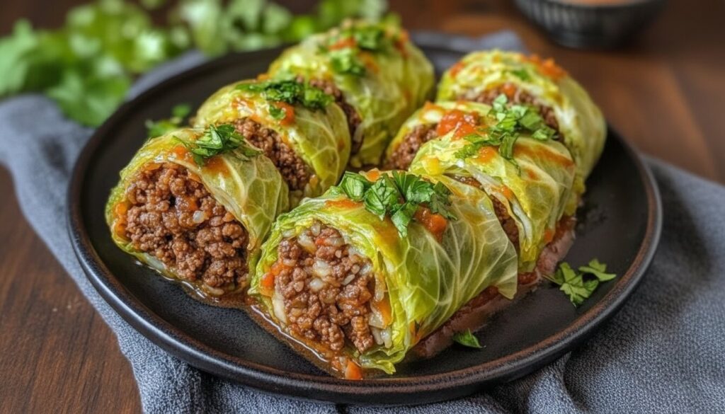 Healthy Mediterranean stuffed cabbage rolls in a baking dish.
