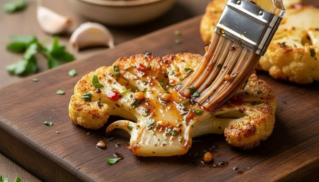 Marinating cauliflower steaks.
