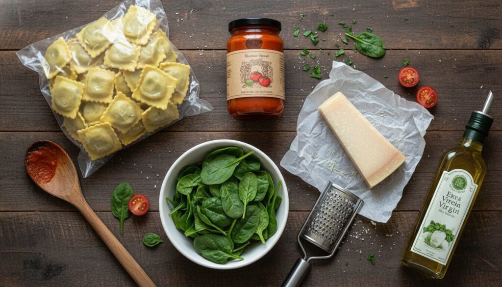 Raw ingredients for Tomato Spinach Ravioli Bake including pasta, spinach, and marinara.