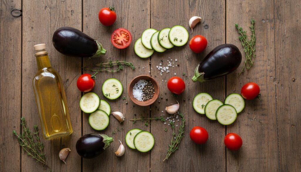 ingredients for mediterranean vegetable tian zucchini tomato eggplant and herbs