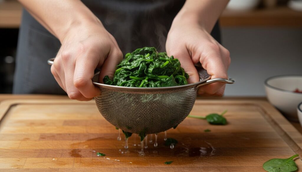 Removing moisture from cooked spinach for pasta filling.