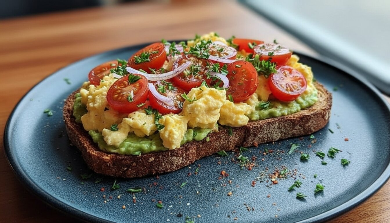 Healthy Egg Avocado Toast recipe with Mediterranean toppings.