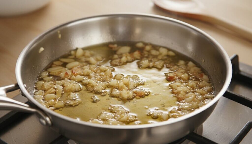 Sautéing fresh garlic in olive oil for wing sauce
