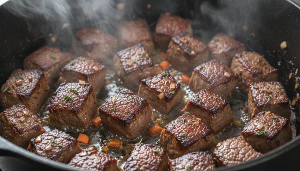Searing beef chuck cubes in olive oil for Mediterranean stew.