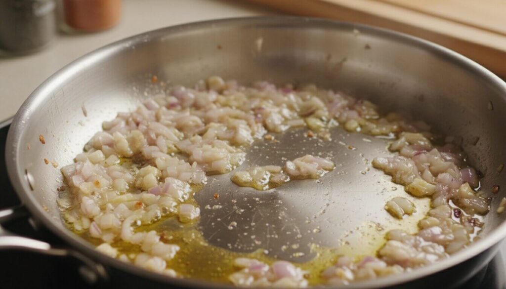 Sautéing garlic and onions in a skillet for a Mediterranean flavor base.