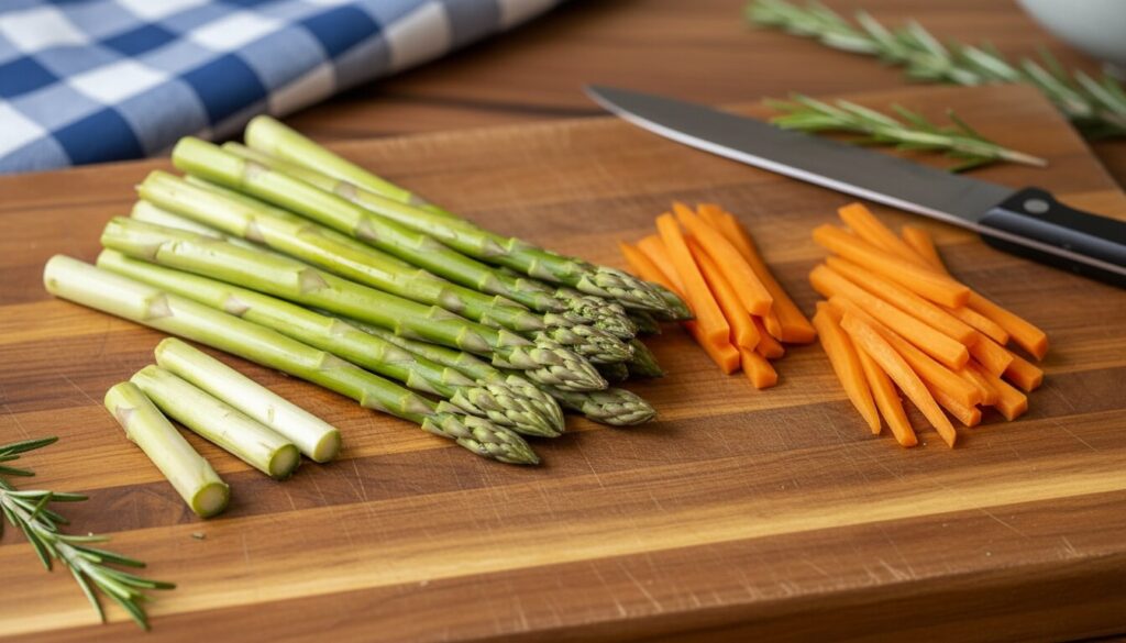 Fresh asparagus and carrots being prepped on a wooden cutting board.