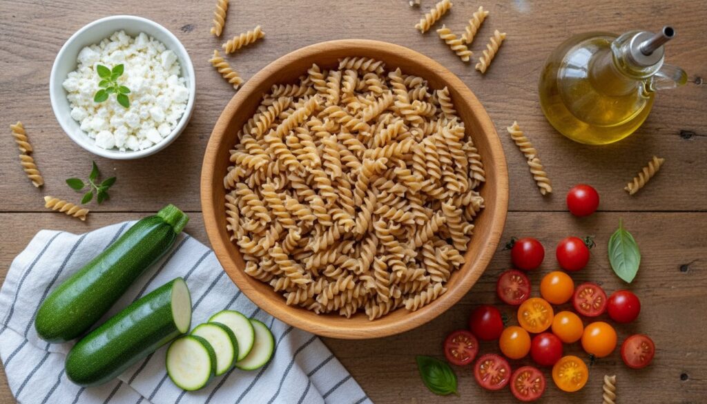 Ingredients for a healthy cheesy pasta bake.