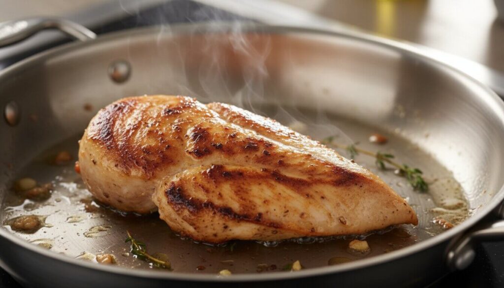 Searing chicken cutlets in a skillet for Chicken Marsala.
