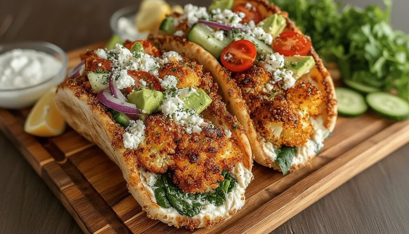 Healthy roasted cauliflower pita wraps with fresh vegetables and Mediterranean sauce.