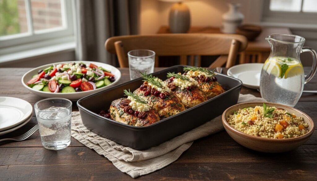 Mediterranean dinner spread featuring cranberry chicken