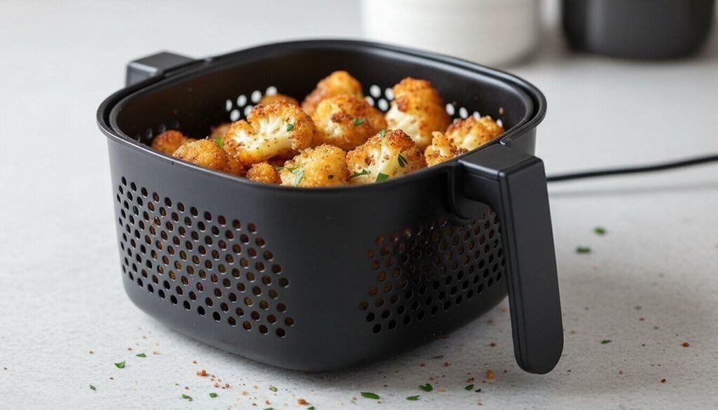 Air fryer basket filled with crispy roasted cauliflower bites.