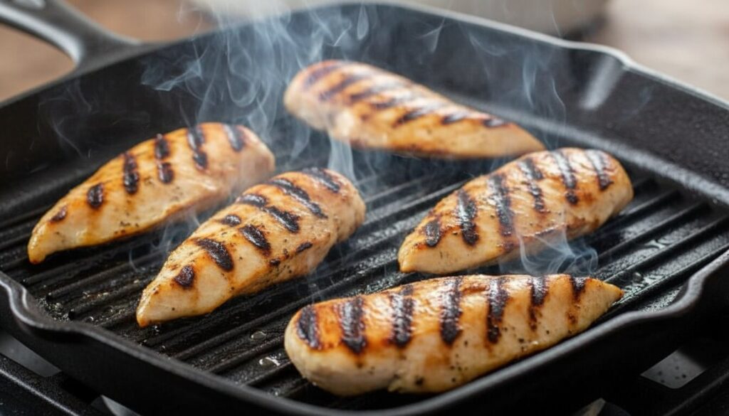 Sizzling grilled chicken strips with lemon and oregano for a chicken bowl.