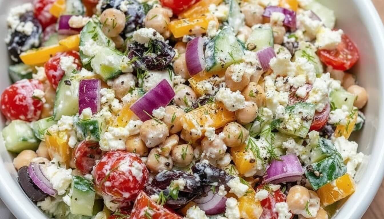 Greek Inspired Chickpea Salad with tzatziki dressing, featuring chickpeas, feta, cucumbers, tomatoes, olives, and fresh dill.