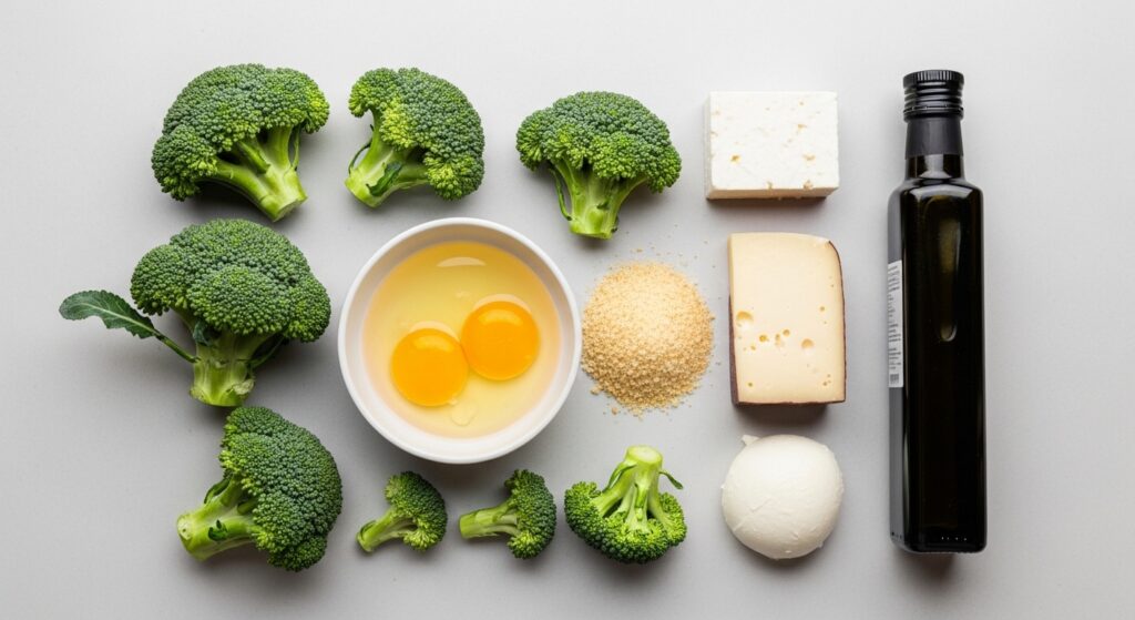 Ingredients for making healthy broccoli cheese balls including fresh broccoli and cheese.