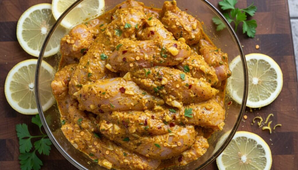 Raw chicken thighs in a Mediterranean shawarma spice marinade.