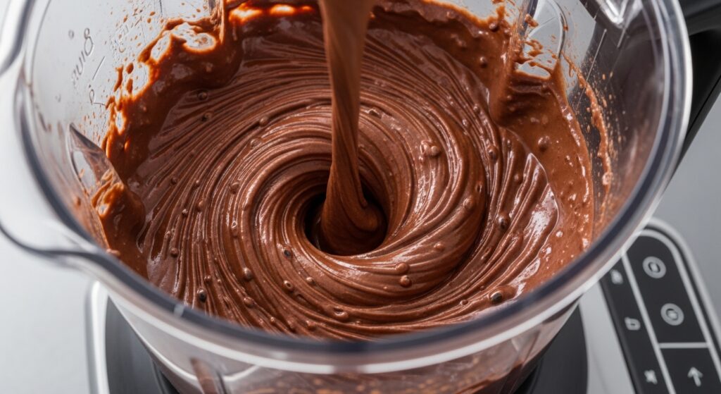 Blending cottage cheese and cocoa powder into a smooth chocolate mousse.