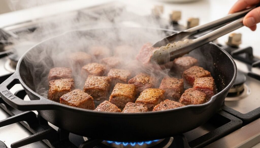 An action shot of steak cubes searing in a hot pan with visible steam and a golden-brown crust forming on the meat.