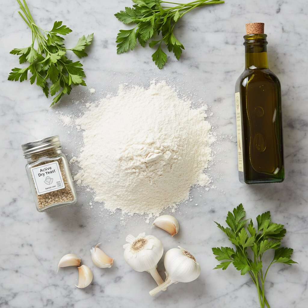 Raw ingredients for making homemade no knead garlic bread.
