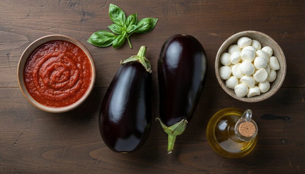 Raw ingredients for Mediterranean stuffed eggplant parmesan boats on a wooden background.