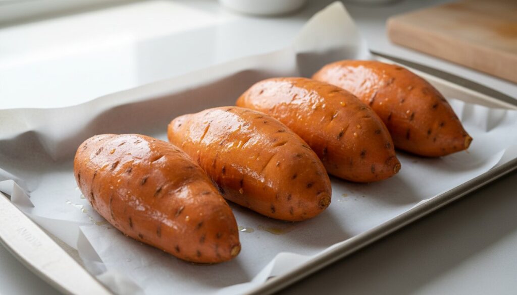 Whole sweet potatoes on a baking sheet ready for roasting in the oven.
