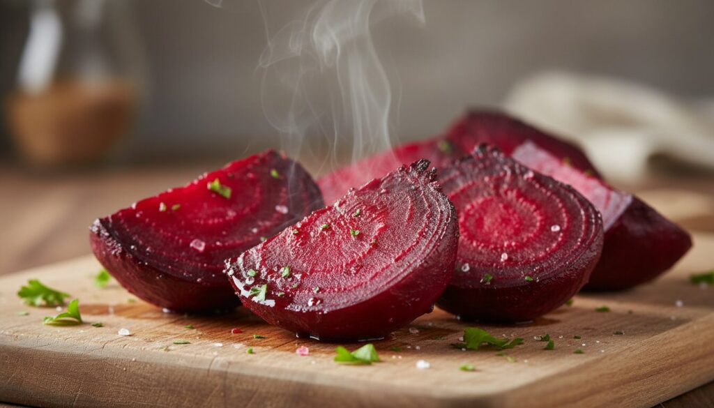 Sliced roasted beets ready for the pickling process.