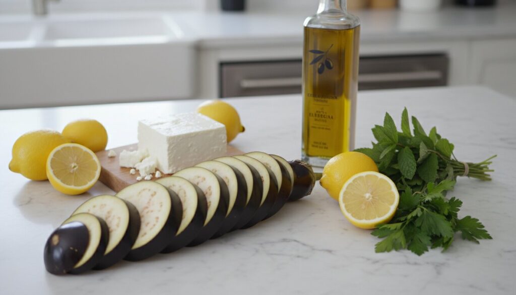 Fresh ingredients for eggplant feta recipe including olive oil and herbs.