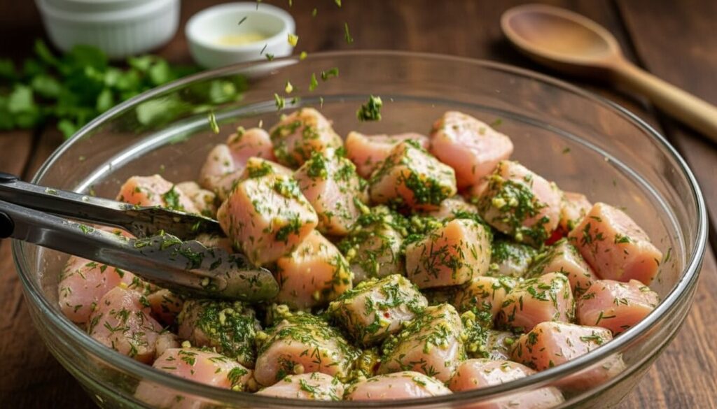 Close-up of raw chicken cubes in a garlic and oregano marinade.