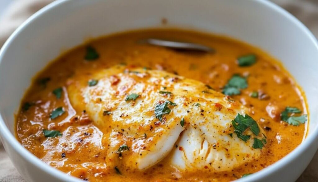 Tilapia in Roasted Pepper Sauce in a white bowl garnished with parsley.