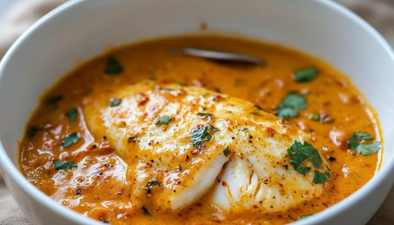 Tilapia in Roasted Pepper Sauce in a white bowl garnished with parsley.