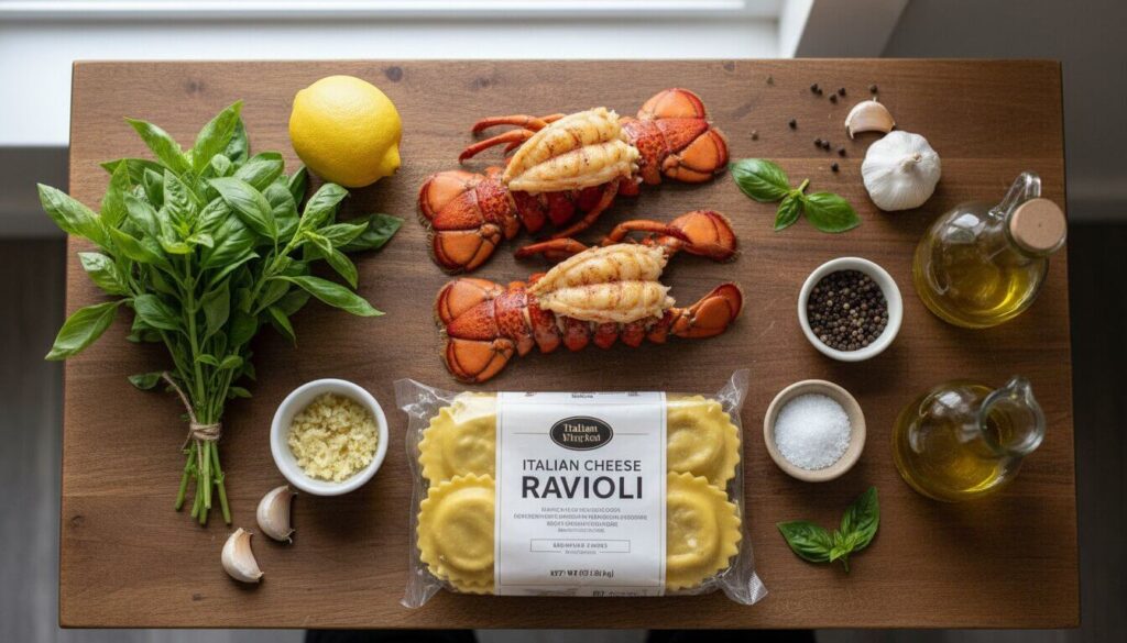 Ingredients for lobster ravioli including fresh lobster tails, lemon, and garlic.
