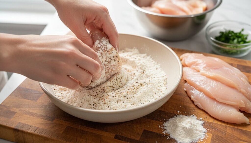 Preparing chicken cutlets for searing