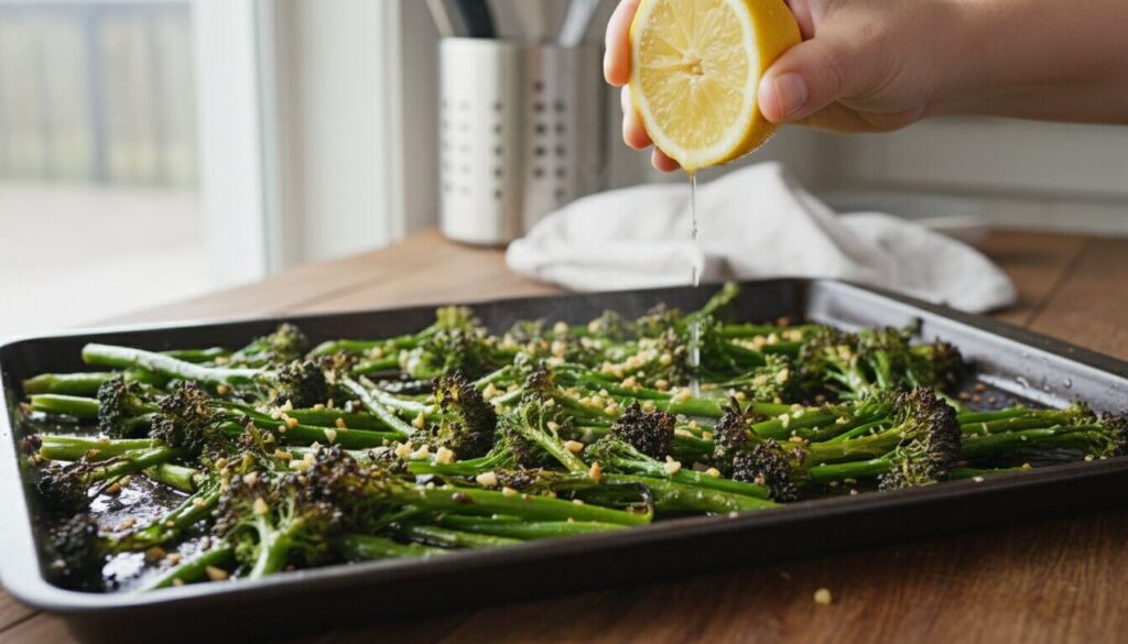 Crispy roasted broccolini on a baking sheet with lemon.
