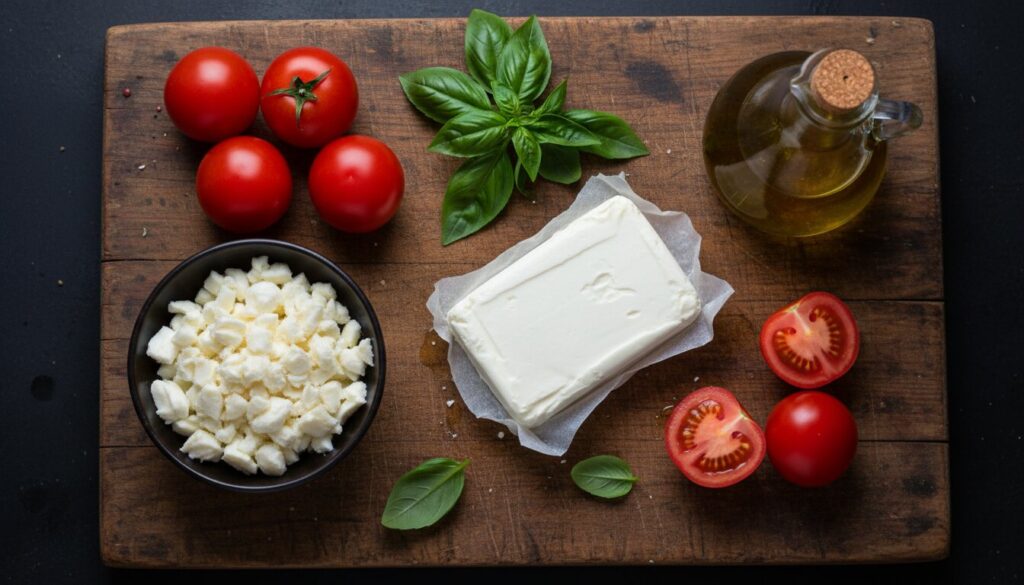 Fresh ingredients for Mediterranean bruschetta dip including tomatoes, basil, and three types of cheese.